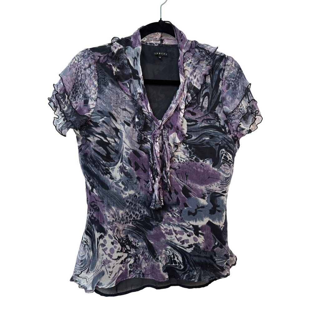 Y2K Ispiri Womens Purple Abstract Animal Print 100% Silk Ruffle Tie Blouse Small